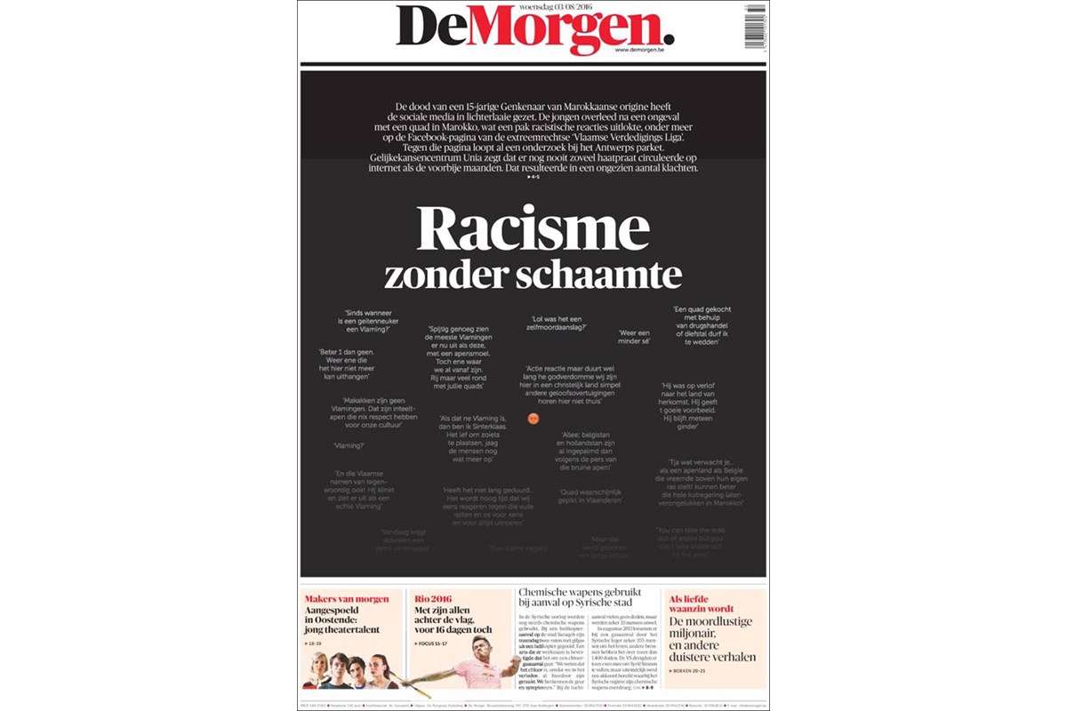 Il giornale De Morgen umilia i razzisti pubblicando in prima pagina i loro commenti
