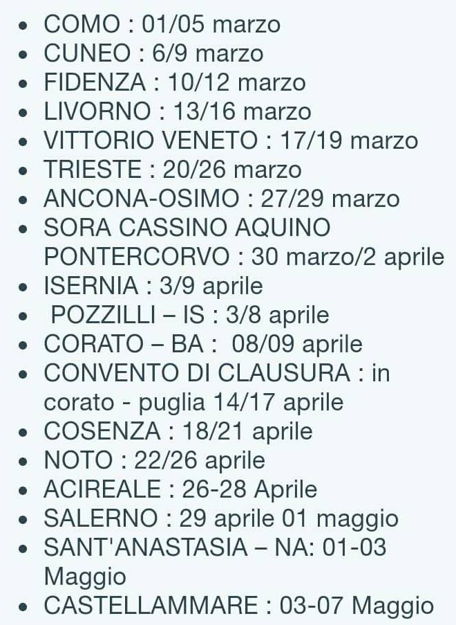 Elenco completo date Italiane visita Reliquie